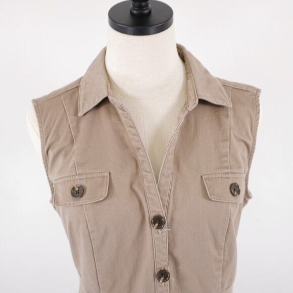 Liz Claiborne Tan Canvass Collared Dress Size 8 Sleeveless Cotton Nylon Spandex - Picture 4 of 10